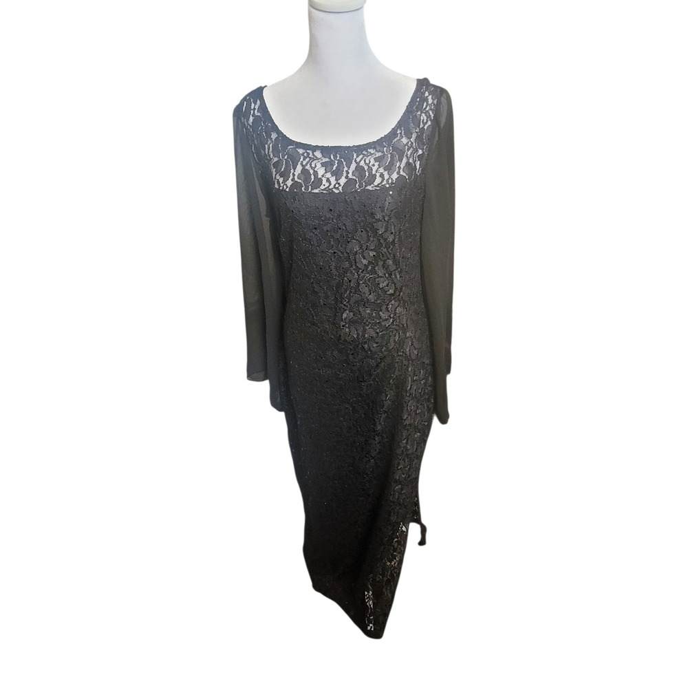 Connected Apparel Women's Sequined-Lace Maxi Dress‎ Black Slude Slit Sz 8 NWT